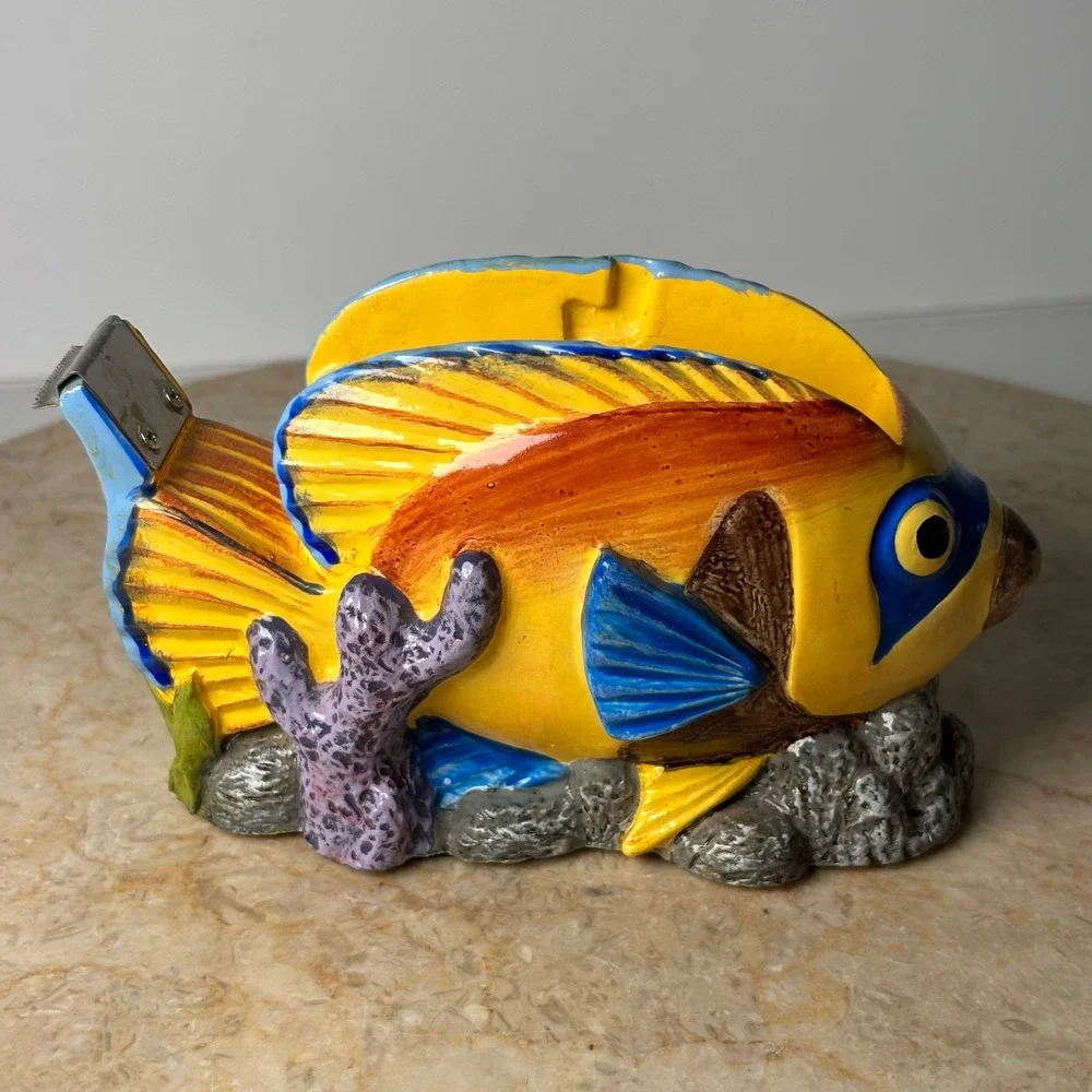 FIGI Graphic Fish Tape Dispenser Yellow Tropical Coral Reef Resin MISSING INSERT